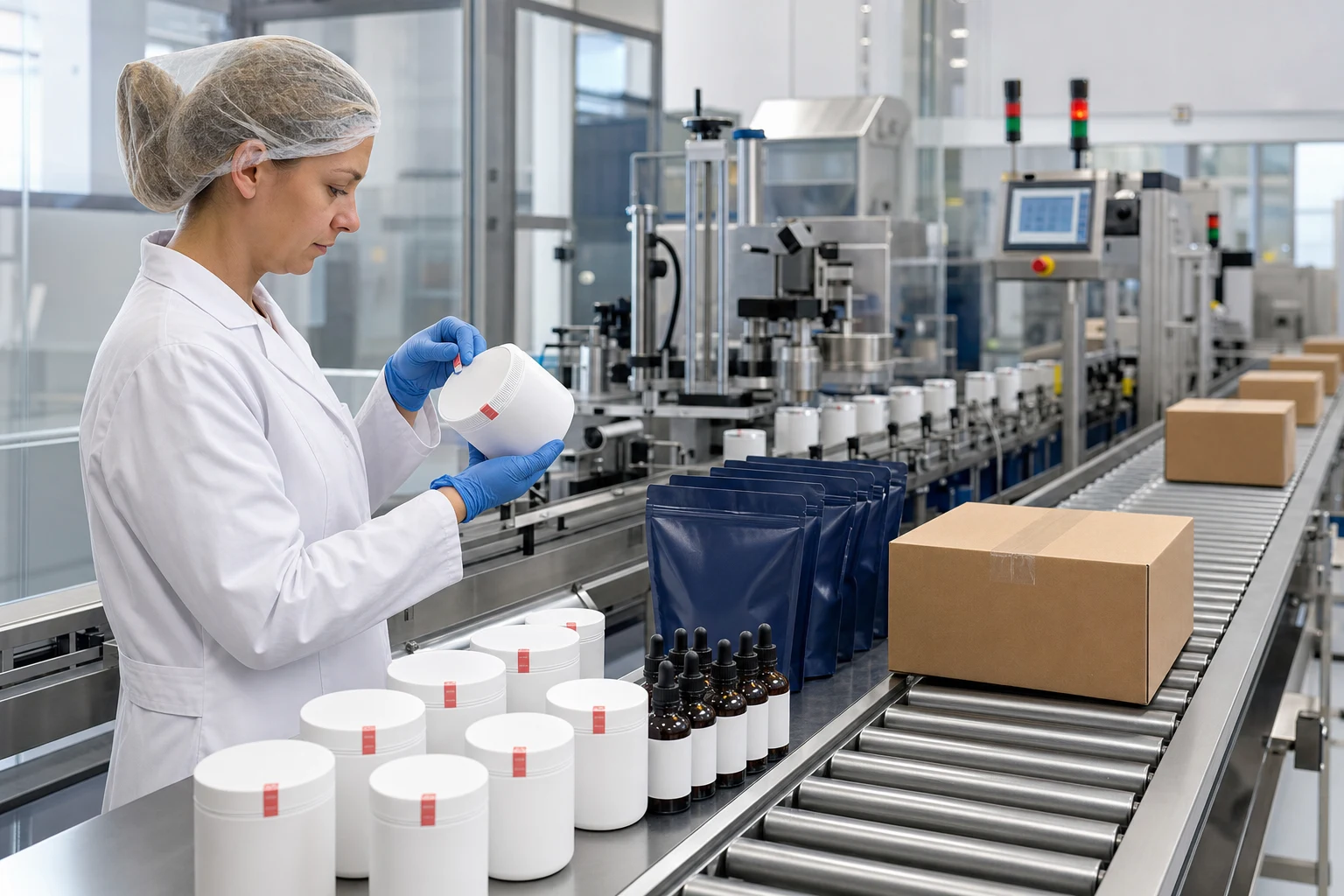 Endkontrolle unbedruckter Tierergänzungsverpackungen vor dem Export